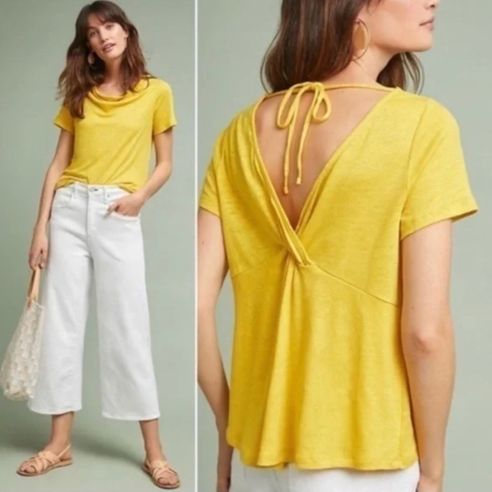 Anthropologie Maeve Horizon 100% Linen Yellow Twist Open Back Top Shirt XL